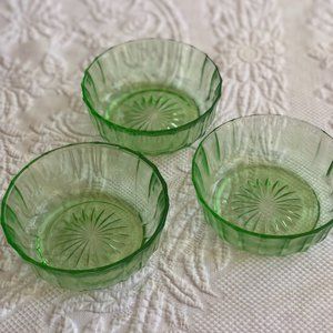 Vintage Green Uranium Depression Glass 4" Bowls Set of 3